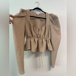 Topshop Tan Peplum Tie Front Long Sleeve Blouse